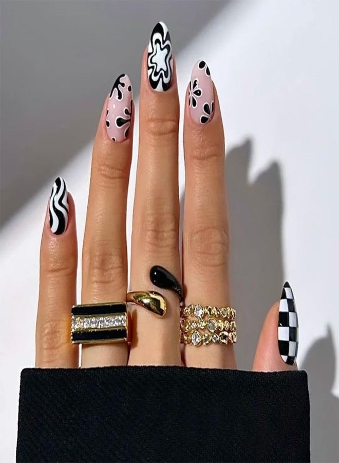 HJKDSFD 24Pcs Cute Press on Nails Short Almond Fake Nails Black and White Checkerboard Stick on Nail Glossy False Nails with Flower Curve Stripes Designs Reusable Acrylic Artificial Nails for Women Girls - Image 1